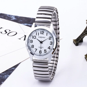 Classic silver elastic band watch for men with white round dial and Arabic numerals