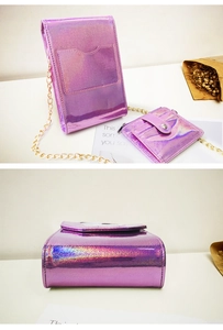 Detail view of purple laser holographic shoulder bag set with chain and coin purse
