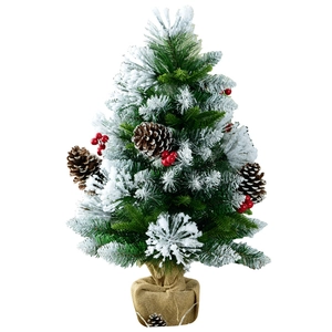 60cm mini Christmas tree with pine cones, red berries and snow flocking on burlap base