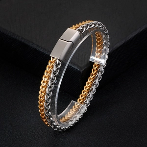 Men's titanium steel bracelet with gold and silver mesh chain and square buckle