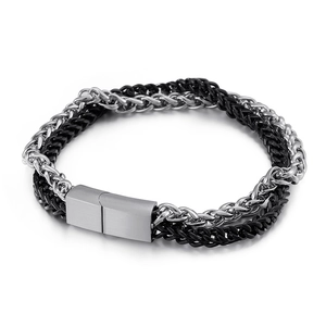 Men's titanium steel bracelet featuring black and silver woven chain links with matte clasp