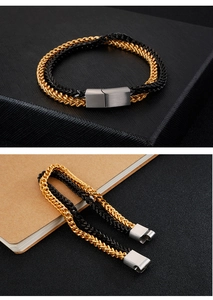 Detail of black and gold braided titanium steel bracelet with matte buckle and multi-layer link