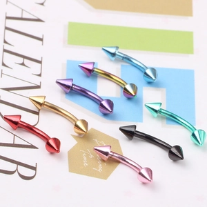 Curved stainless steel barbells with cone ends in seven vibrant metallic colors