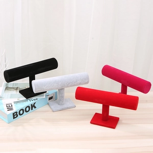 Single tier velvet T-bar display stand for bracelets and watches in four colors