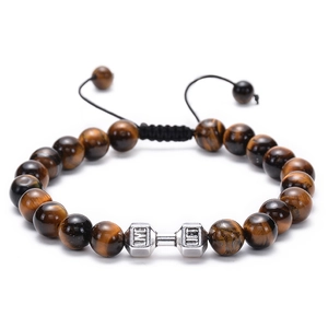 Dumbbell Bracelet Natural Stone Tiger Eye Lava Rock Adjustable Braided Rope Fitness Workout Jewelry For Men Women