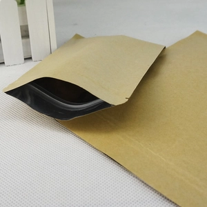 Kraft paper stand-up pouch with clear window and resealable zipper for food packaging