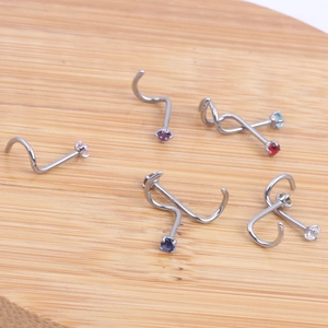 Set of stainless steel L-shaped nose studs with sparkling multicolor zircon stones