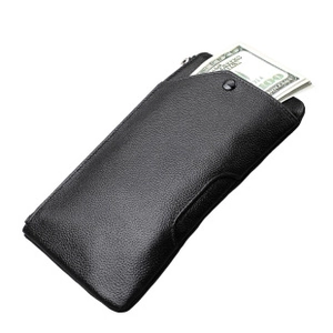 Detail shot of black litchi texture leather key pouch showing front snap pocket with a bill