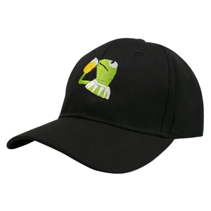 Black cotton baseball cap with Kermit the Frog embroidery and a curved brim