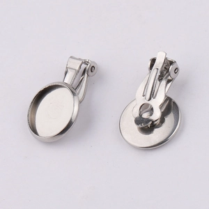 Detailed macro view of silver stainless steel clip-on earring bases and spring mechanism