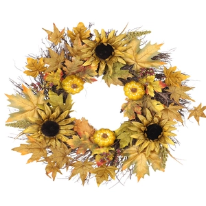 Autumn wreath with maple leaves, sunflowers, and pumpkins for Thanksgiving home decor