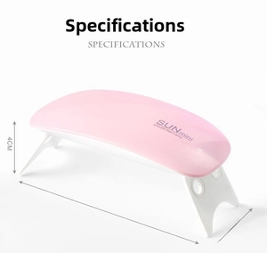 Detailed dimensions of portable pink SUN mini UVLED nail lamp with foldable design