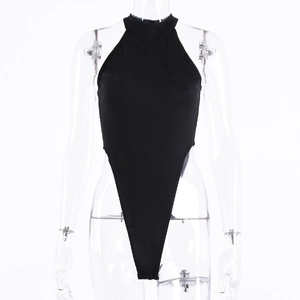 Detail of black ribbed knit sleeveless bodysuit with high cut leg on a clear mannequin