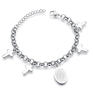 Silver stainless steel bracelet with Virgin Mary medal and four cross charms on white base