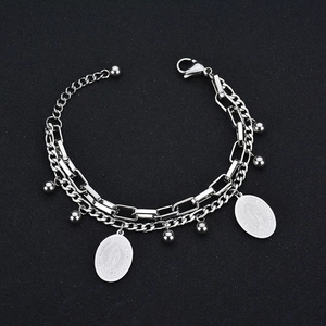 Silver stainless steel double layer bracelet with Virgin Mary medal and polished beads