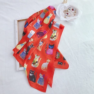 90cm square silk scarf with red cat illustration pattern displayed on white frame