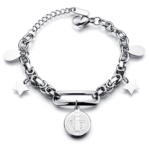 Double-layer stainless steel link bracelet with tree of life and religious star charms
