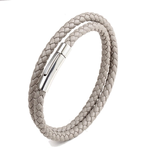 Double wrap braided leather bracelet in light grey with a silver magnetic clasp closure
