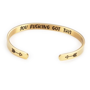 Golden 6mm stainless steel open C-shape cuff bracelet with engraved motivational quote