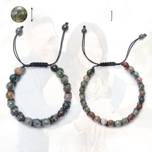 Double-layer natural Indian agate beaded bracelet for couples with woven black rope