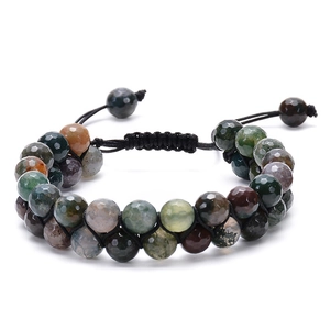 Faceted Indian Agate Double Layer Bracelet Natural Stone Double Row Braided Adjustable Rope Ethnic Jewelry For Women Men