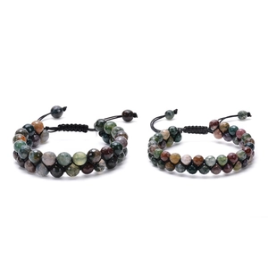 Detail of faceted multi-color Indian agate beads on adjustable black braided cords