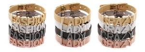 Mesh watch band bracelets with crystal lettering in gold, silver, black, and rose gold