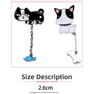 Detail view of cartoon enamel pins featuring a black cat and a French bulldog, size 2.6cm