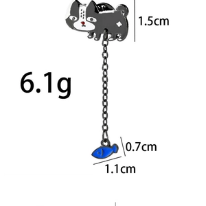 Detail of cartoon enamel cat brooch with hanging fish charm and product size dimensions