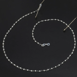 Elegant faux pearl eyewear chain with silver metal links and anti-slip rubber loops