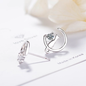Silver crescent moon and cat stud earrings with sparkling zircon for women
