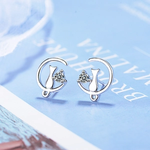 Silver cat and moon stud earrings featuring a sparkling zircon stone for women