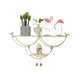 Golden double-layer semicircular wall shelf with bird accents and wooden planks