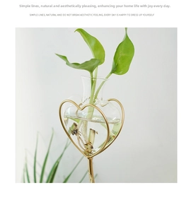 Detail of heart-shaped glass hydroponic vase with a minimalist golden metal stand