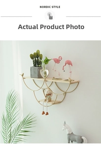 Nordic style gold metal wall shelf with double wooden tiers for home decor display
