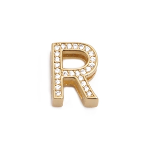 Detailansicht goldener Buchstabe R Anhänger mit Zirkonia für Mesh-Uhrenarmbänder