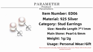 Detailed size chart for 925 sterling silver pearl earrings with 6mm and 8mm beads