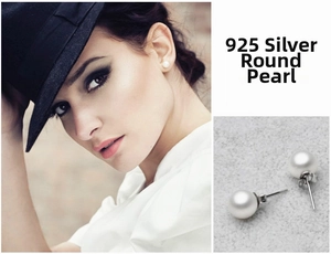 Detail of round shell pearl earrings on 925 silver studs shown on female model