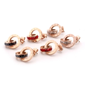 Boucles D'oreilles Puces Double Anneau Avec Chiffres Romains Et Strass Bijoux En Acier Titane Rose Doré Pour Femmes