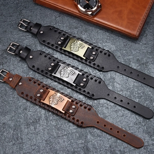 Men's leather wolf head bracelets in black and brown with braided details and metal buckles