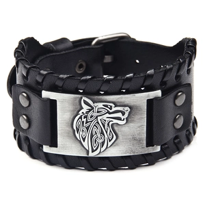 Men's wide black leather bracelet with embossed Celtic wolf head metal plate