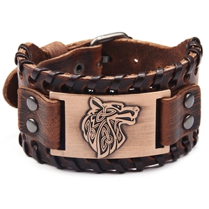 Men's retro brown leather wide bracelet featuring an embossed bronze wolf head charm