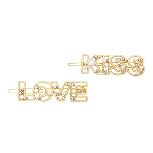 Golden metal hair clips set featuring KISS and LOVE letters with pearls and rhinestones
