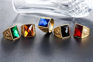 Detail showing five dragon relief signet rings with assorted square gemstones in gold finish