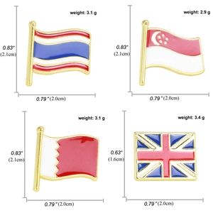 Detailed grid of zinc alloy flag pins showing dimensions and weight for each badge