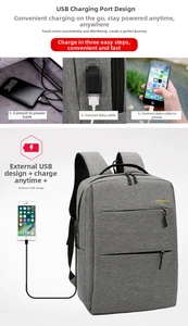 Close-up of gray business backpack featuring an external USB charging port and cable connection