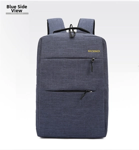 Side view of blue oxford backpack showing zipper compartments and waterproof texture