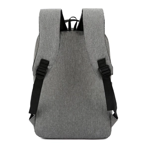 Gray waterproof business backpack with USB port and adjustable straps on white background