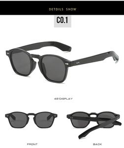 Detailed views of black retro square-round sunglasses with silver rivets and anti-slip temples