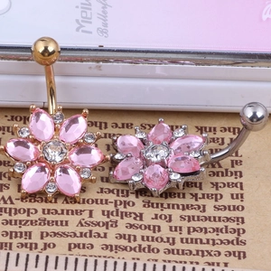 Stainless steel sunflower navel rings in gold and silver with pink marquise petals